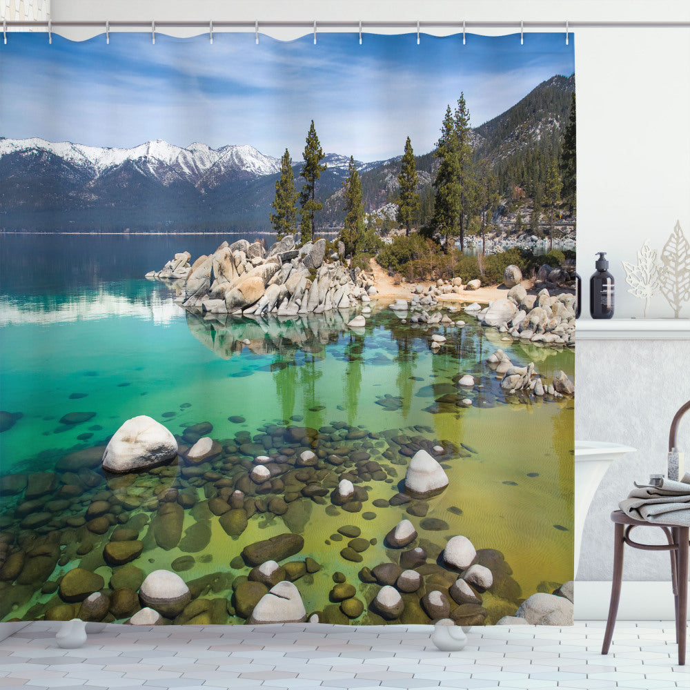 Turquoise Blue Landscape of Sierra Nevada Lake Captured in a Photo on a Shower Curtain