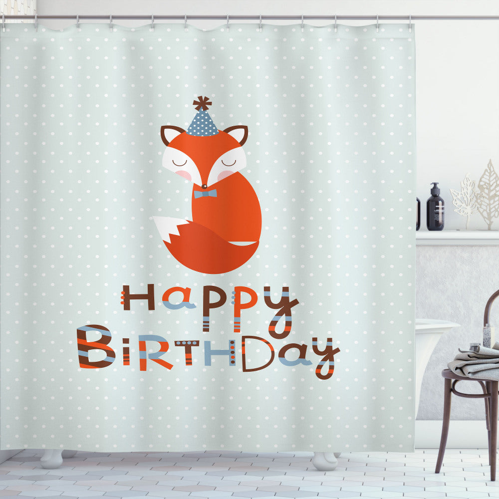 Birthday Fox Greeting Text on Almond Green, Orange, and White Shower Curtain