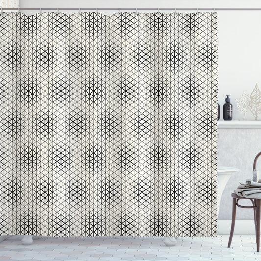 Black and Cream Grid Geometric Triangles Tile Shower Curtain