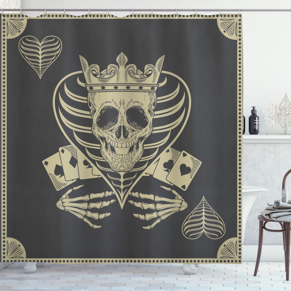 Vector Skull Poker Cards Bath Curtain in Dark Grey, Beige, and Tan palette