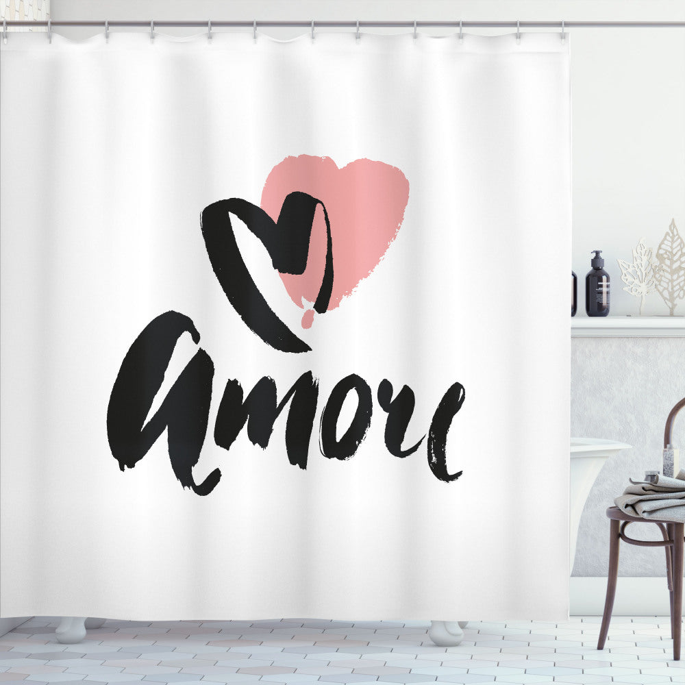 Boldly Expressing Love: Amore Saying Bath Curtain in Charcoal Grey and Blush