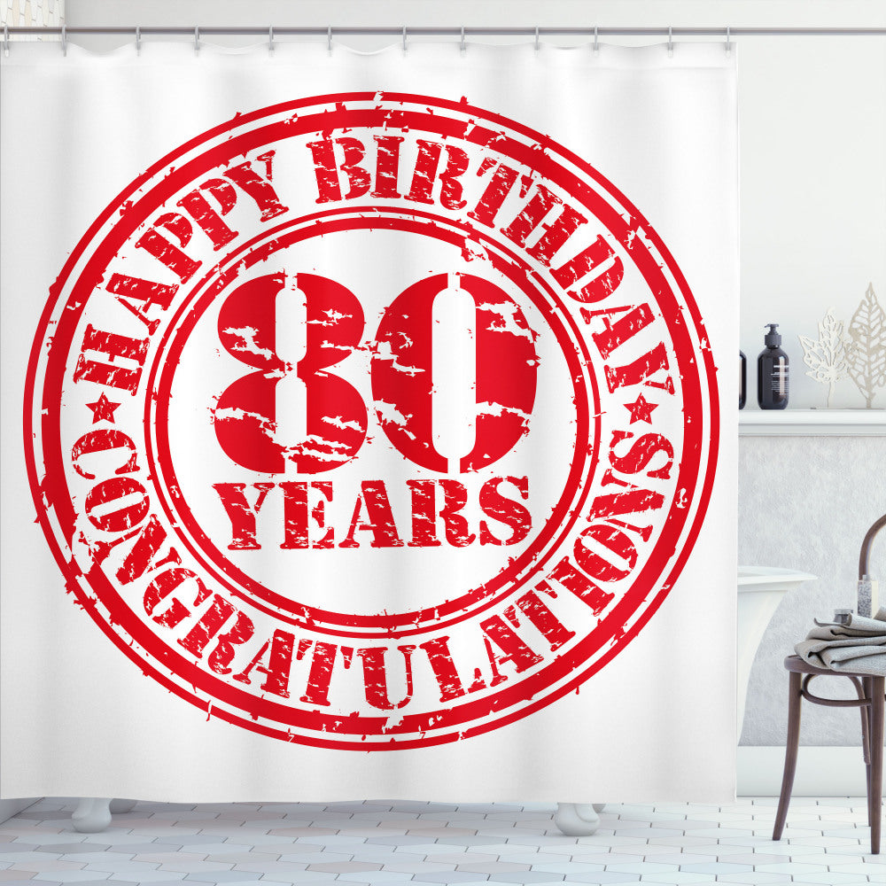 80th Birthday Celebration: Happy Birthday Stamp Design White and Red Shower Curtain