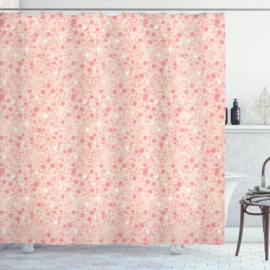 Vintage Asian Inspired Cherry Blossom, White, Peach, and Coral Shower Curtain