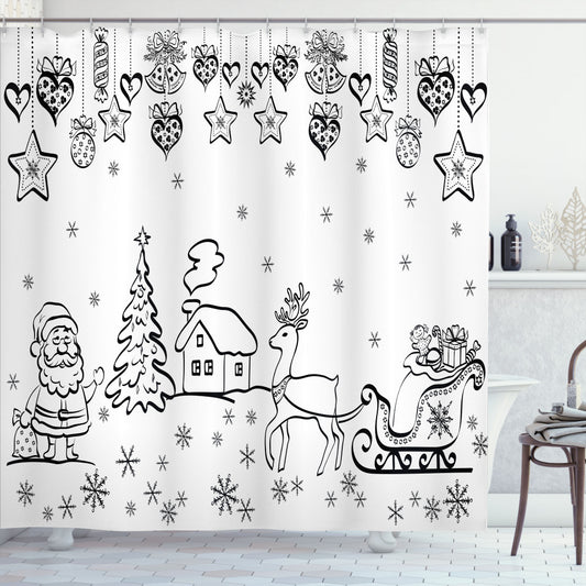 Christmas-themed Tree Reindeer and Santa Shower Curtain in White and Black