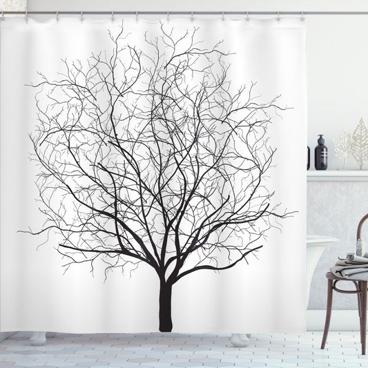 Tree-Inspired Bath Curtain featuring Old Withered Oak Leaf in Charcoal Grey and White