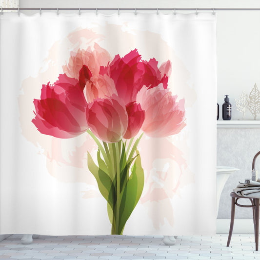 Watercolor Tulip Bouquet Floral Shower Curtain in Coral, Green, and Pink