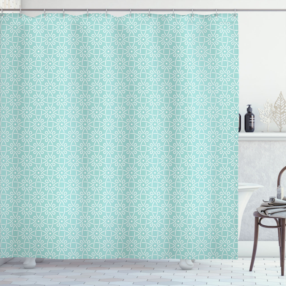 Aqua Celtic Patterns Shower Curtain in White and Blue Color Palette