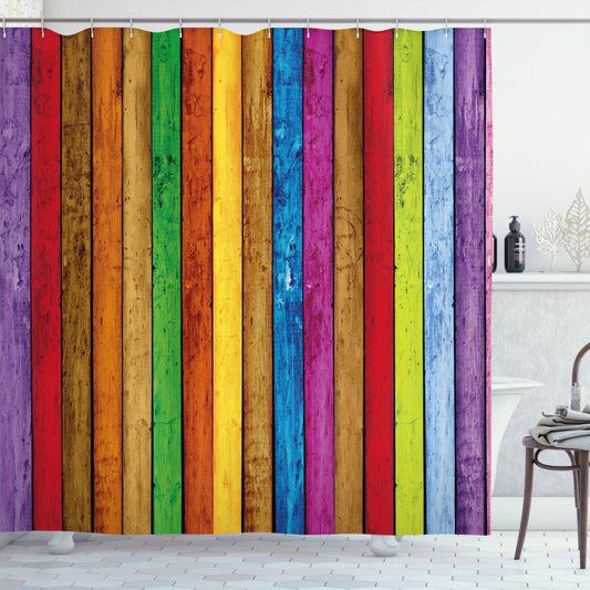 Abstract, Multicolor Vibrant Wooden Shower Curtain