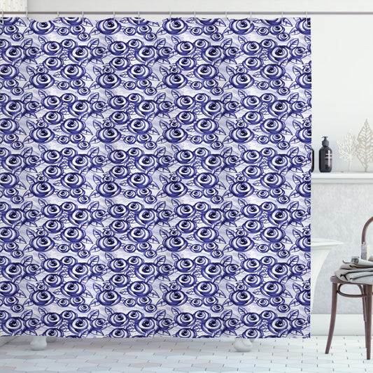 Watercolor Floral Bath Curtain in Violet Blue - Classic Feminine Rose Design