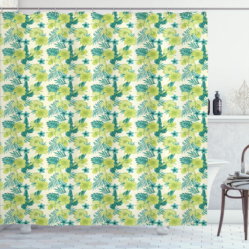 Tropical Vibes: Hibiscus and Banana Leaves Shower Curtain in Pale Green, Dark Teal, Ivory, and Seafoam