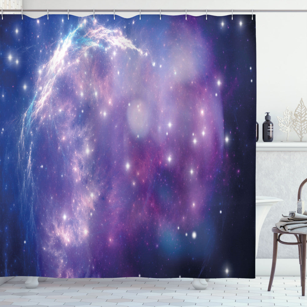 Vibrant Constellation: Dark Blue, Purple, and Aqua Nebula Shower Curtain