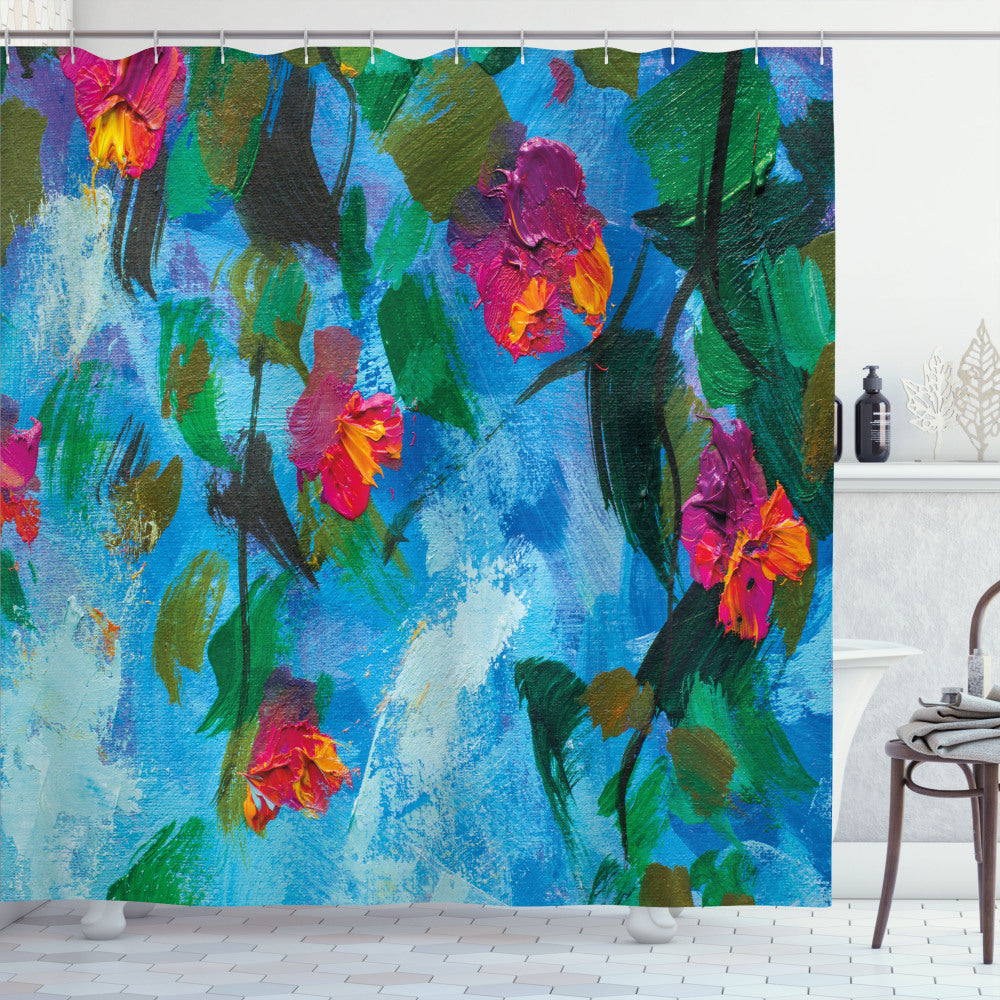 Vibrant Leaves and Violet Flowers: Abstract Multicolor Oil Painting Design Shower Curtain