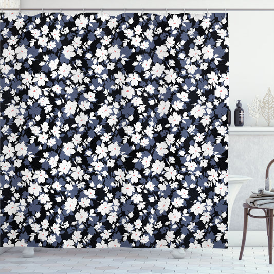 Vintage Blossoms Flower Garden Bath Curtain in Dimgrey, White, and Black