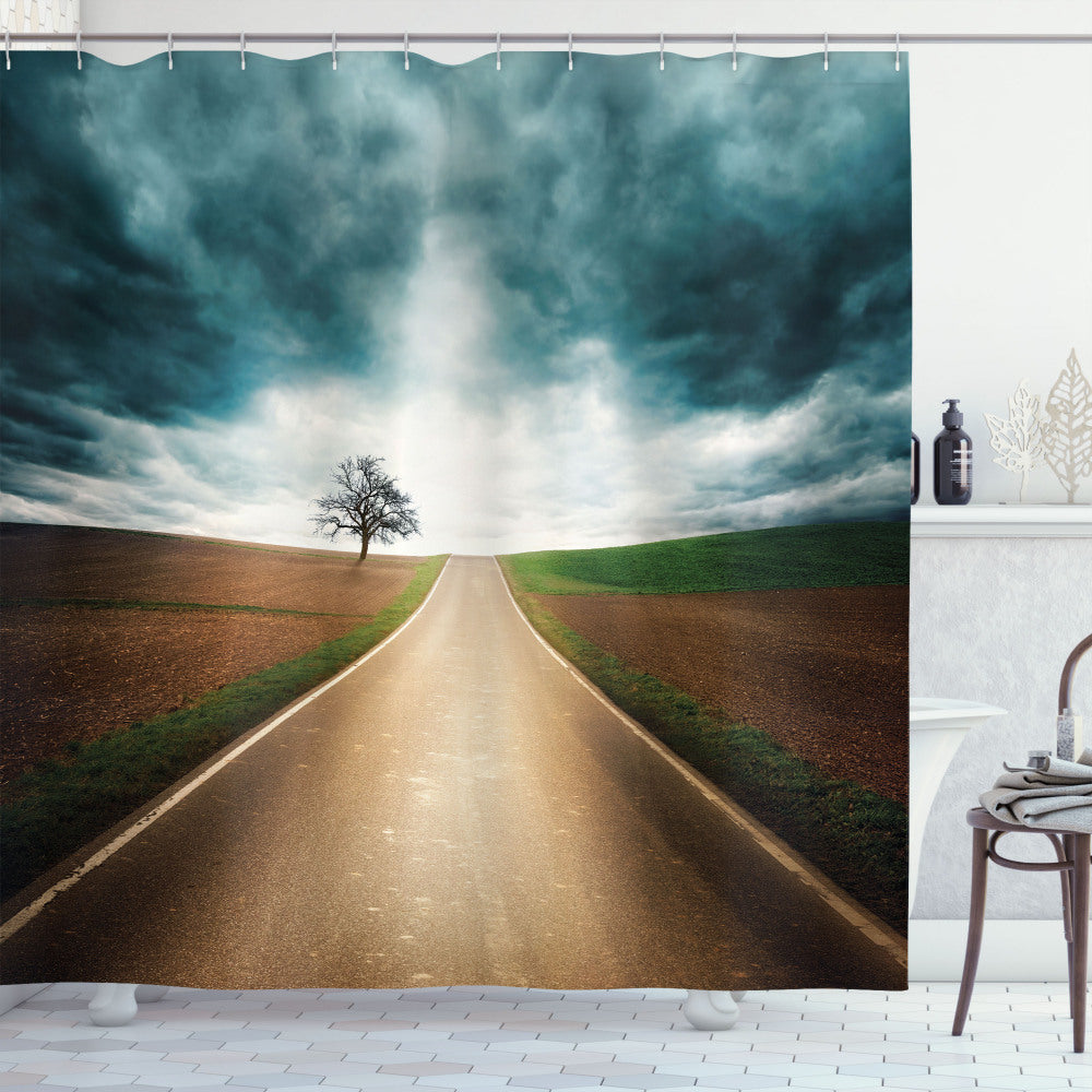 Brown and Teal Clouds Landscape Shower Curtain - Roads Travel Inspired Design