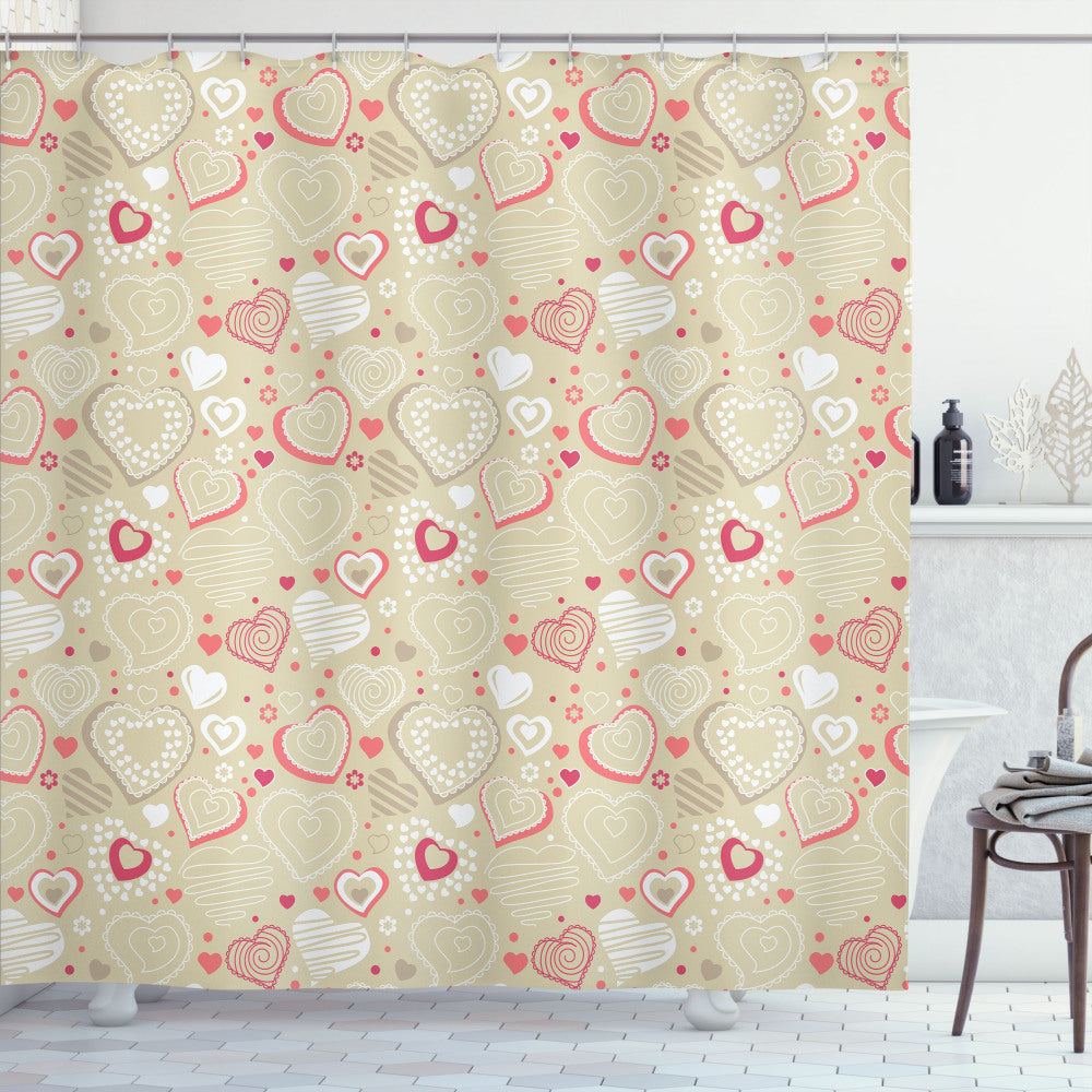 Valentine's Day inspired Doodle Heart Shower Curtain in Dark Coral, White, and Beige