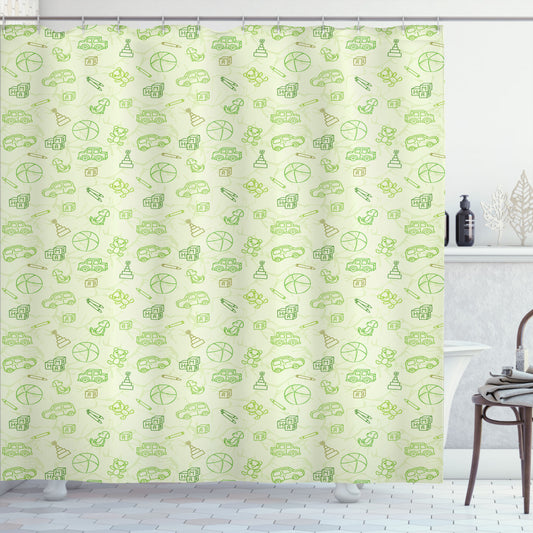 Baby's Pale Green Cartoon Doodle Toy Design Bath Curtain