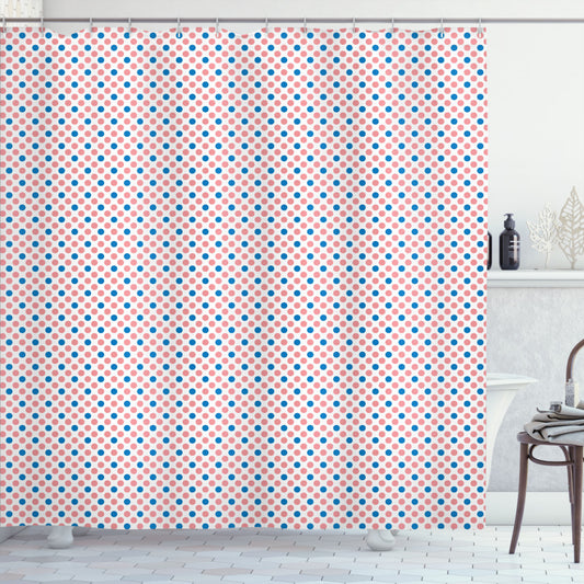 Abstract Sea Blue, Pastel Pink, and White Polka Dots Graphic Shower Curtain