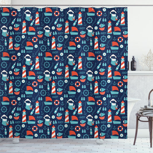 Anchor your Bathroom with Captain Boats and Helm-themed Shower Curtains in Vermilion, Pale Blue, and Dark Blue