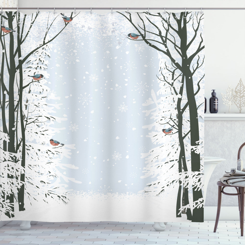 Winter-themed Bullfinch Birds and Trees Design Shower Curtain in Pale Grey, White, and Black