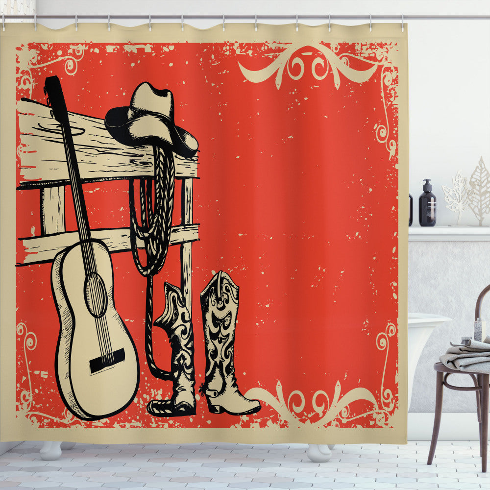 Western-themed Country Music Shower Curtain in Orange and Beige