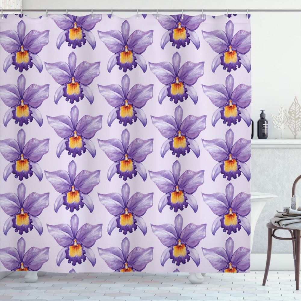 Vibrant Tropical Orchid Flowers Bath Curtain in Violet, Pale Mauve, and Orange Tones