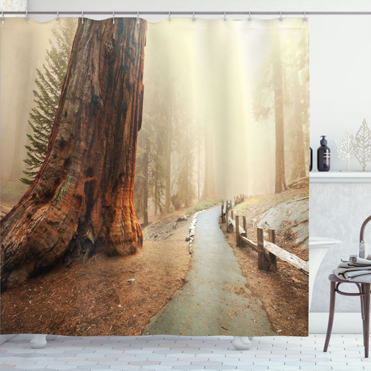 Brown Landscape in the Enchanting Foggy Forest Woods: Shower Curtain