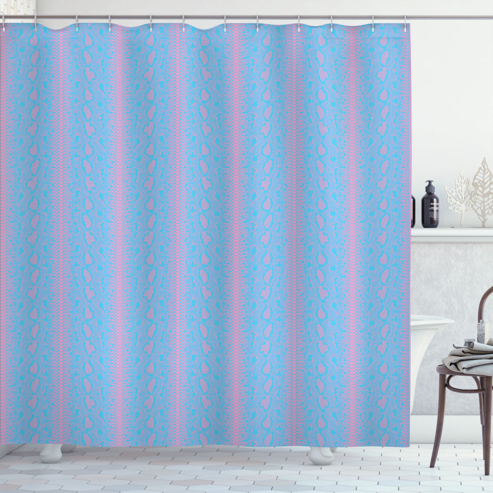 Abstract Reptile Inspired Shower Curtain featuring Snakeskin Print in Pale Azure Blue, Baby Pink, and Sky Blue