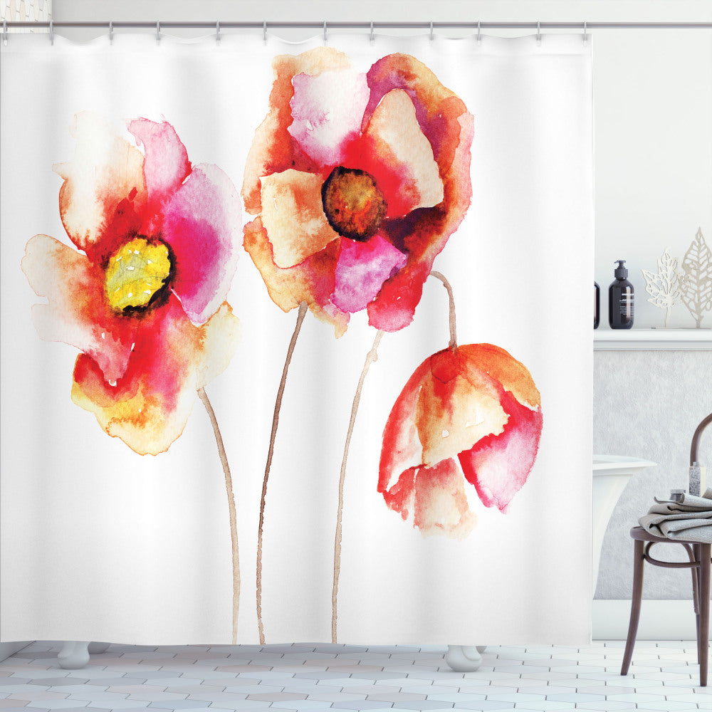 White and Red Poppy Blooms Shower Curtain