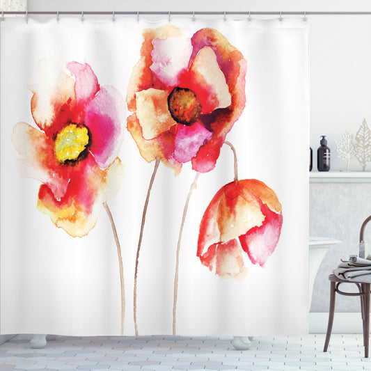 White and Red Poppy Blooms Shower Curtain