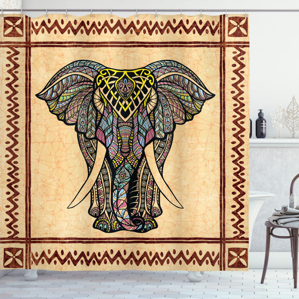 Vibrant Elephant Design: Multicolor Shower Curtain in Green, White, and Vermilion