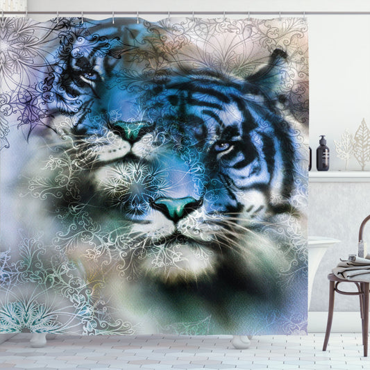 Animal-inspired Safari Tigers Design in White, Black, and Blue Shower Curtain