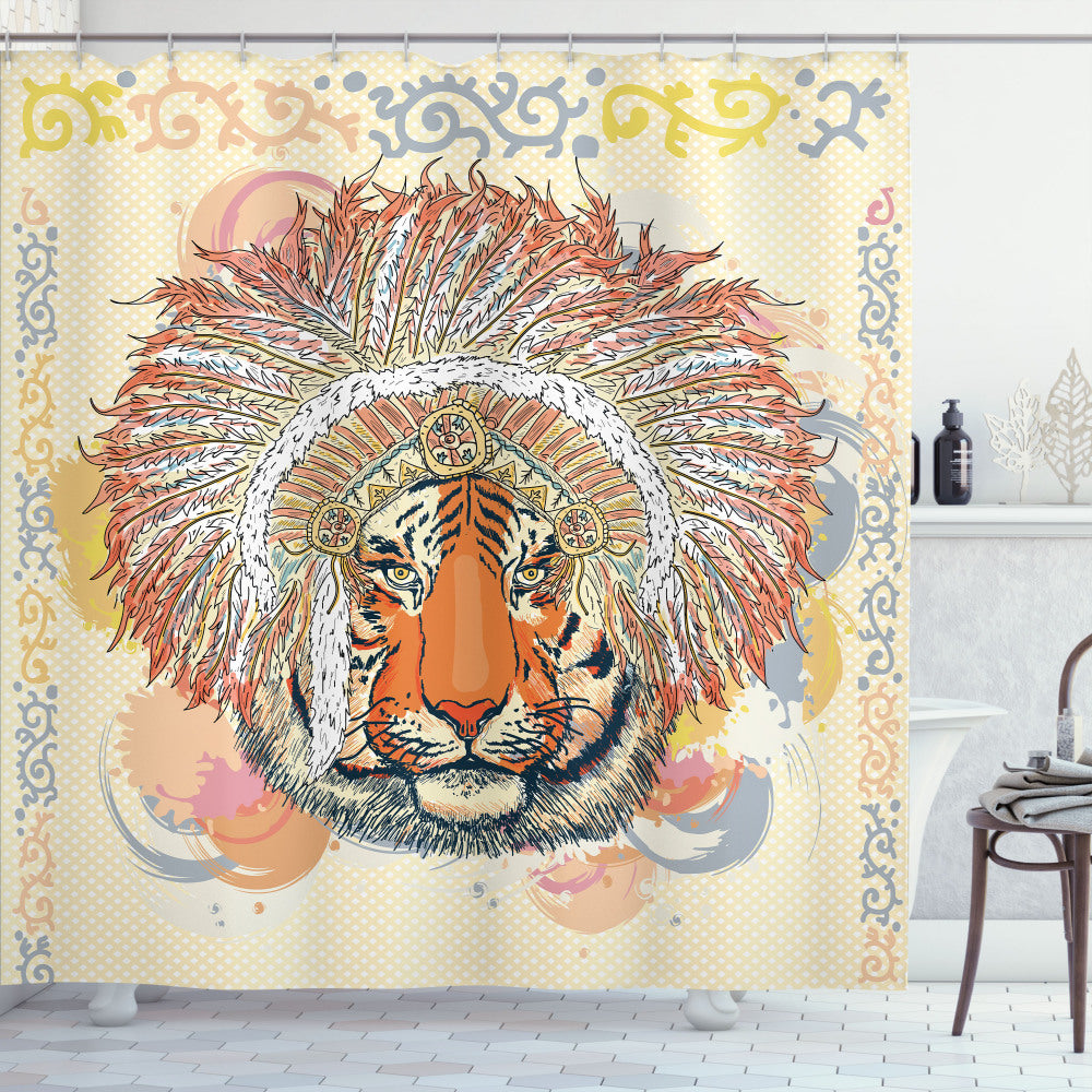 Tribal Inspired Safari Wild Tiger Shower Curtain in Vibrant Orange and Peach