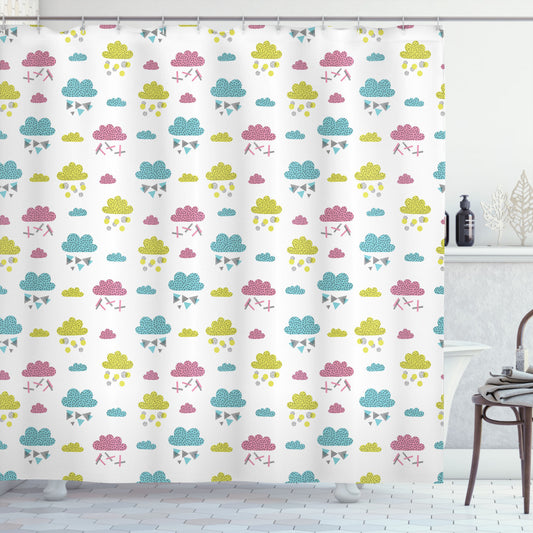 Cloud Multicolor Stripe, Dot, Circle, Triangle Patterned Shower Curtain