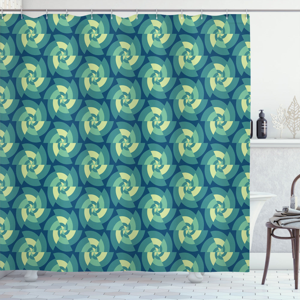 Abstract Retro Triangles Shower Curtain in Pale Green, Teal, and Blue