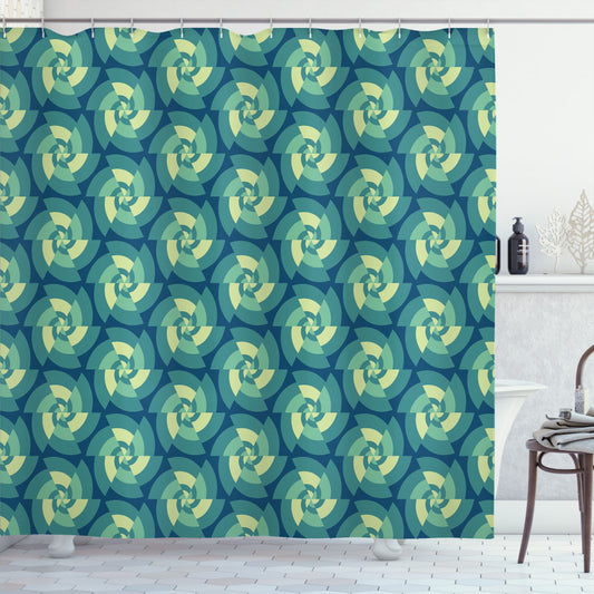 Abstract Retro Triangles Shower Curtain in Pale Green, Teal, and Blue