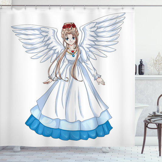 Anime-inspired White and Blue Cartoon Bath Curtain with Angel Wings Design