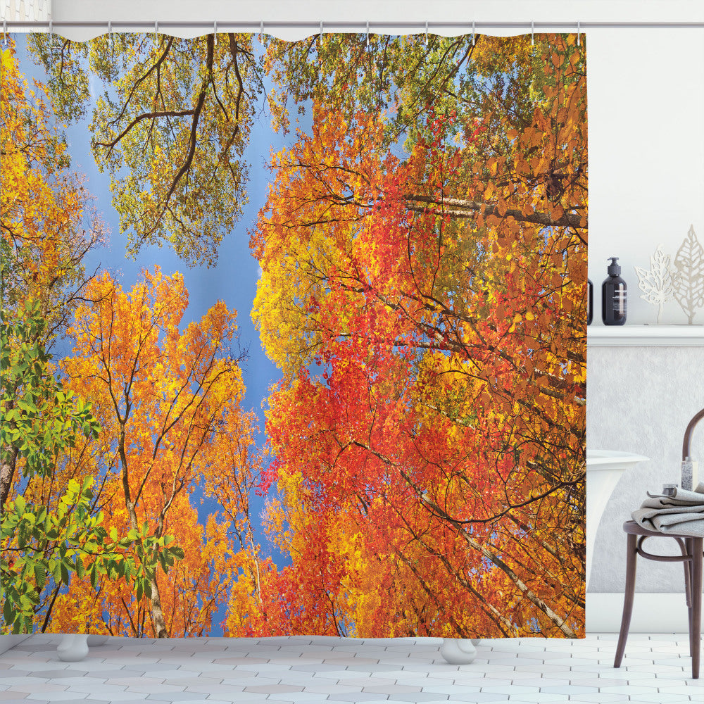 Autumn Forest Shower Curtain featuring Leaves in Shades of Orange, Green, and Blue