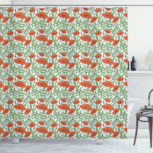 Vibrant Flower-Themed Spring Shower Curtain in Baby Blue, Vermilion, and Green Hues