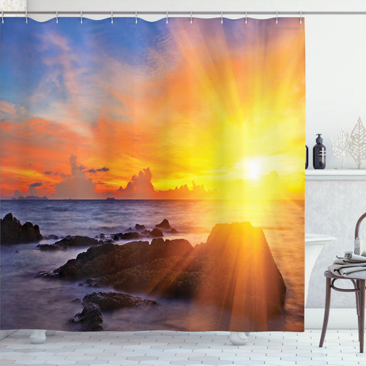 Vibrant Beach Sunset Inspired Shower Curtain in Orange and Blue Tones