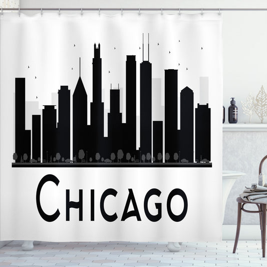 Chicago Skyline Silhouettes in White and Black: Shower Curtain