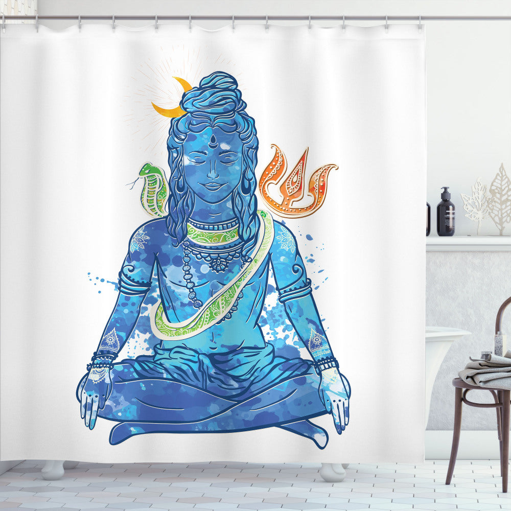 Yoga-themed Watercolors Moon Peace Shower Curtain in Orange and Blue