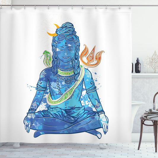 Yoga-themed Watercolors Moon Peace Shower Curtain in Orange and Blue