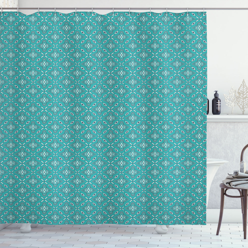 Turquoise and Dark Blue Moroccan-Inspired Shower Curtain with White Accents