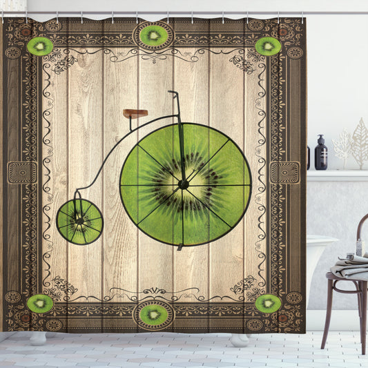 Vintage Bike-Inspired Shower Curtain with Kiwi and Lime Green Fruit Wheels