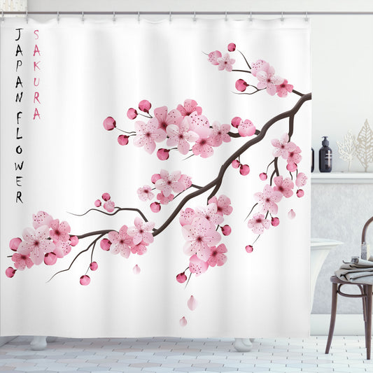 Asian Inspired Shower Curtain featuring Japanese Cherry Blossom Branch in White and Pink