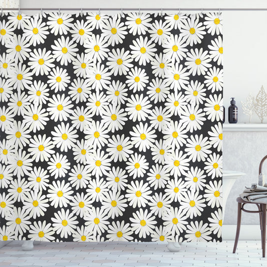 Vibrant Daisy Pattern in Charcoal Grey, Yellow, and White - Luxurious Shower Curtain with Continuous Summer Foliage