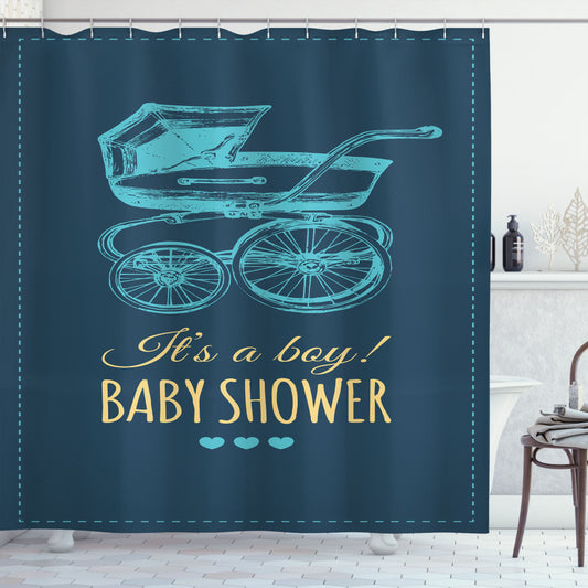 Vintage Boy Stroller Inspired Baby Shower with Petrol Blue, Mustard, and Pale Turquoise Shower Curtain