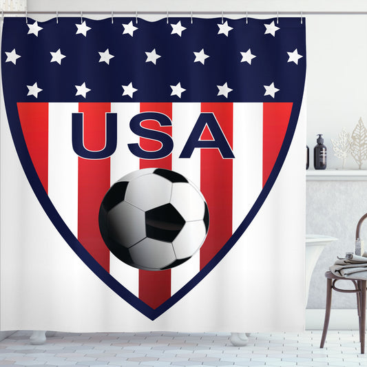 USA Inspired Vermilion, Blue, White, and Green Stars and Vertical Stripes Shower Curtain