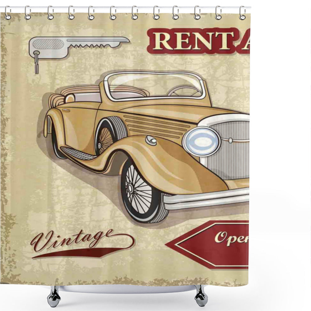 Vintage Car Poster Style Bath Curtain featuring Cars in Red and Tan