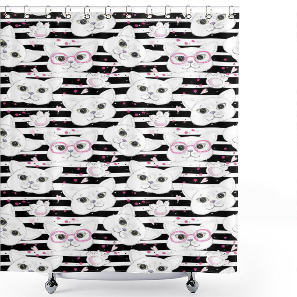 Whimsical Feline Shower Curtain Designs in Cat, White, Black, and Pink